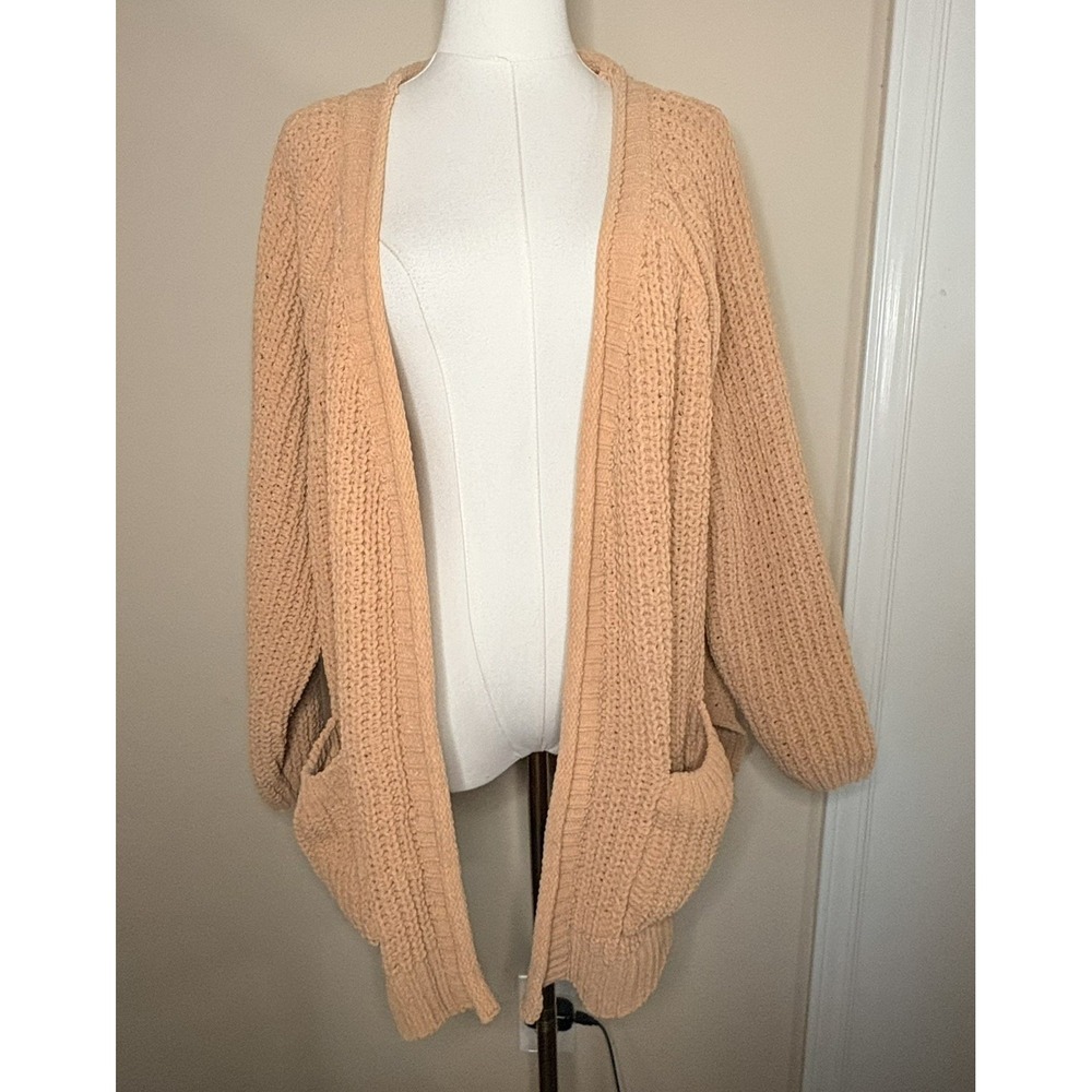 POL Cardigan Open Front Chunky Knit Women's L Sweater Pockets Peach Fall Cozy